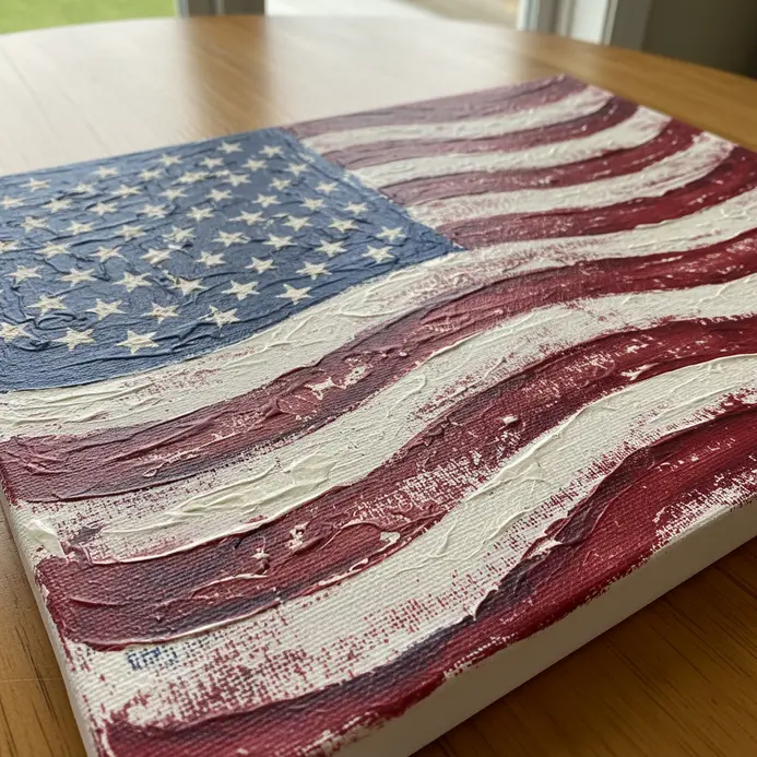 A textured canvas painting of an American flag with wavy, distressed stripes and a faded star field.