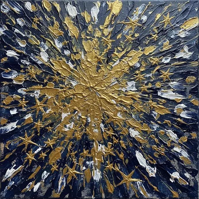 A heavily textured canvas with thick impasto golden stars scattered across a deep blue background.