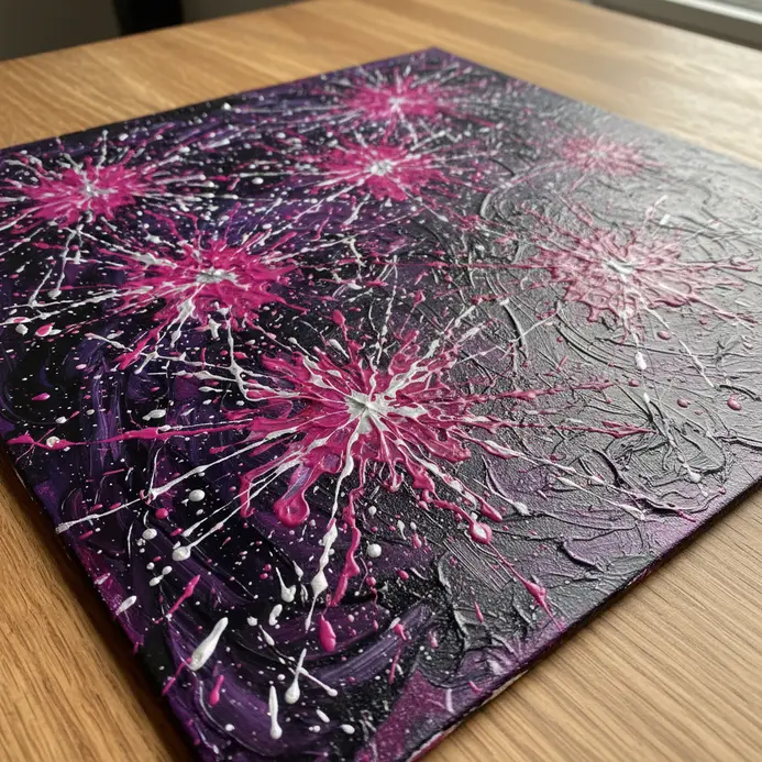 A dark navy canvas background with bright red, white, and blue acrylic paint splatters creating a fireworks effect.
