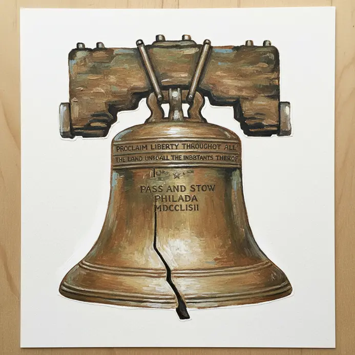 A vintage-style still-life painting of the Liberty Bell in warm sepia and bronze acrylic tones.