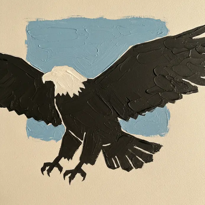 A simple, clean silhouette of a bald eagle painted in black against a solid colored background.