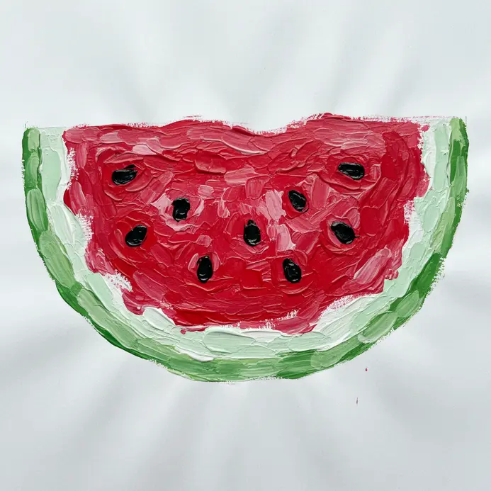 A detailed painting of a slice of watermelon with red, white, and blue seeds forming star patterns.