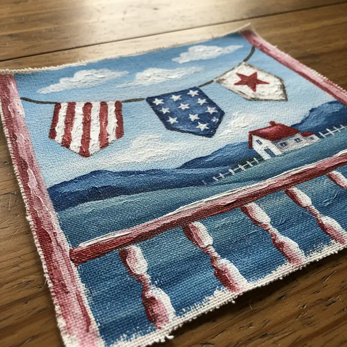 A rustic landscape scene featuring a farmhouse porch decorated with red, white, and blue fabric bunting.