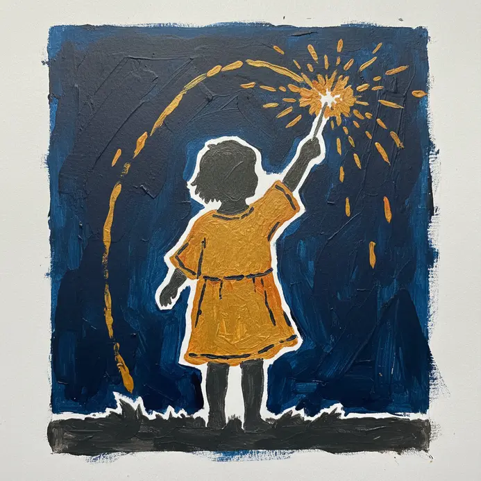 A stenciled silhouette of a child waving a glowing sparkler against a dark night sky.