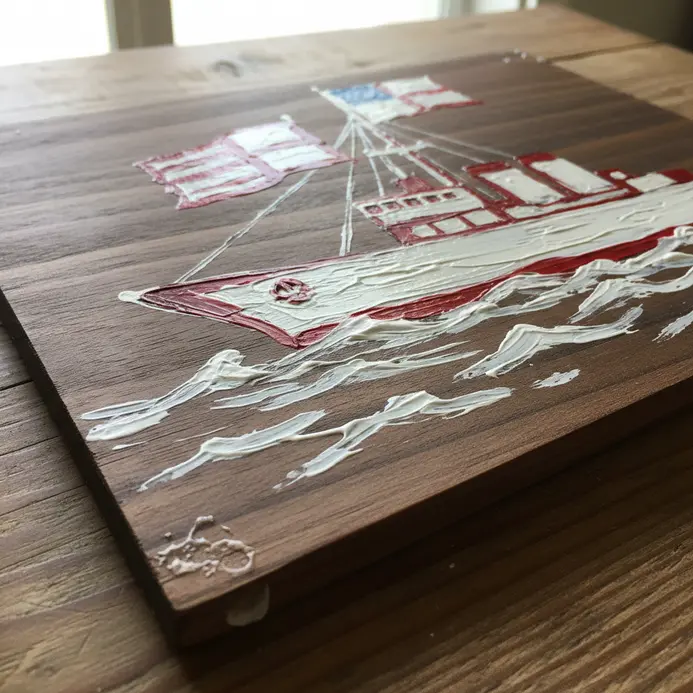 A painted wooden panel depicting a historic naval ship sailing with multiple American flags.