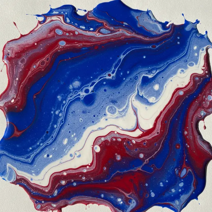 An abstract fluid acrylic painting with swirling red, white, and blue cells on a canvas.