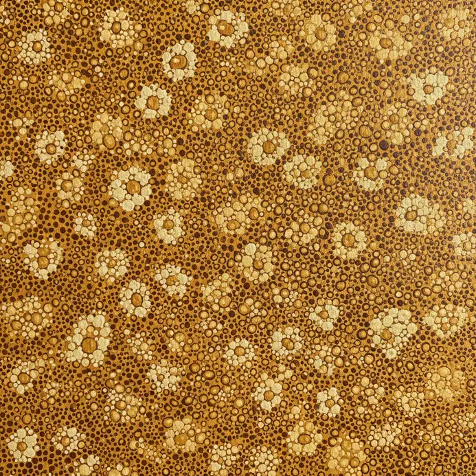 The spotted hide of a leopard rendered using a stippling technique with small dots of paint.