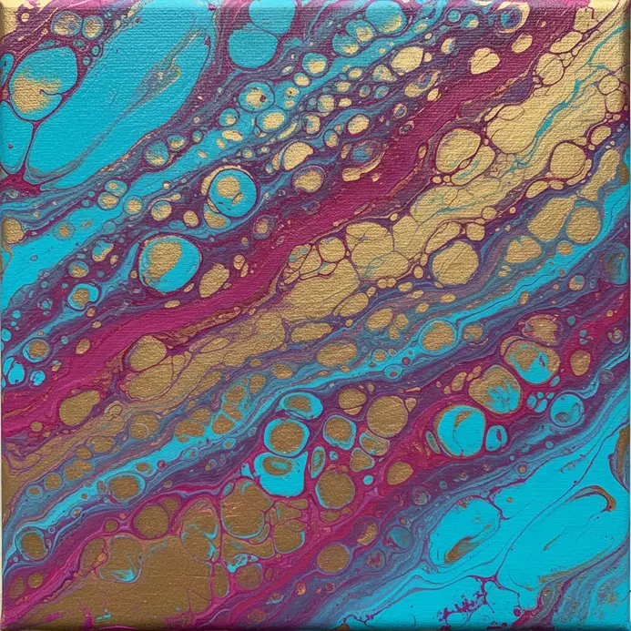 Abstract canvas with layered, flowing colors from a dirty pour technique.