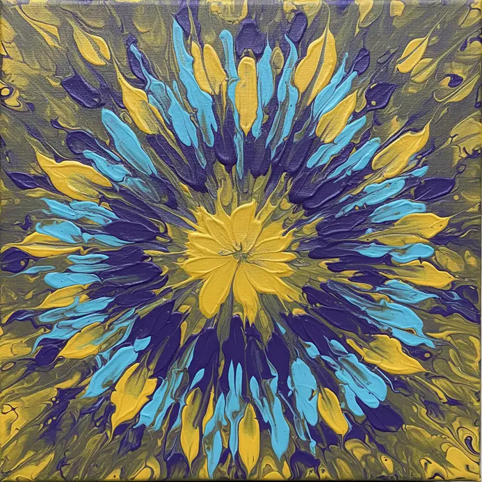A flower-like pattern created by lifting a cup from the center of a paint puddle.
