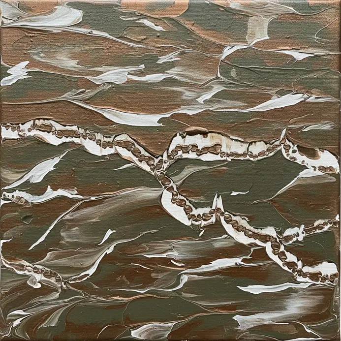 Textured, ribbon-shaped lines in acrylic paint made by pulling a chain.