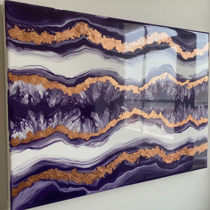 A crystal-like abstract painting with layered colors and a glossy resin finish.