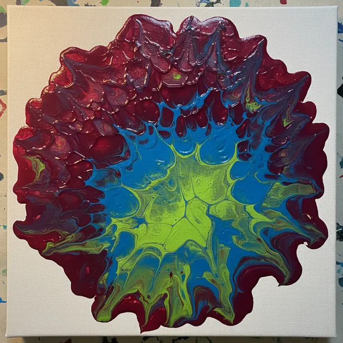 A circular pour of blended acrylic paint created by flipping a cup.