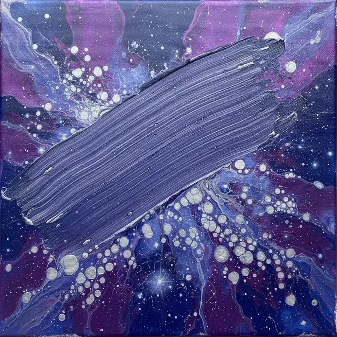 A fluid art piece with a swiped layer revealing a cosmic, starry effect.