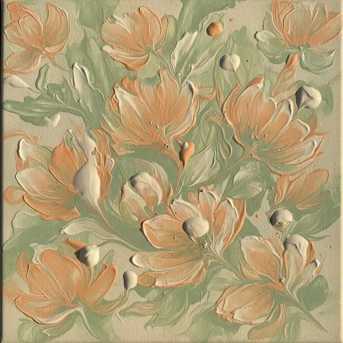 Delicate, petal-like lines created by pulling string through wet acrylic paint.