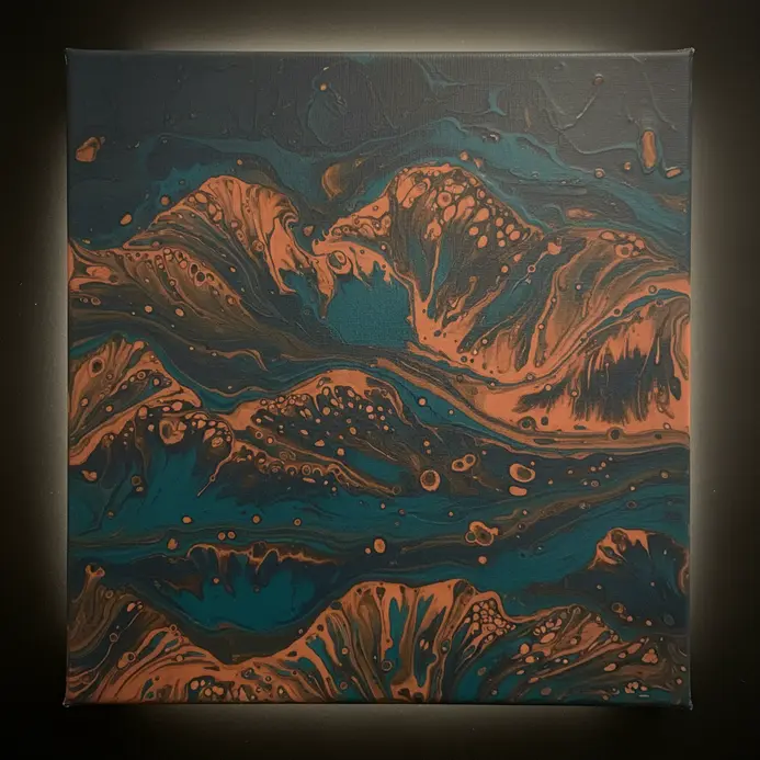 A layered, mountainous texture created by pouring paint through a kitchen colander.