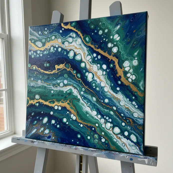Blossom-like splatters of acrylic paint created by popping a balloon on canvas.