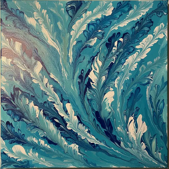 Feathery, flowing lines of acrylic paint created using a blow dryer.
