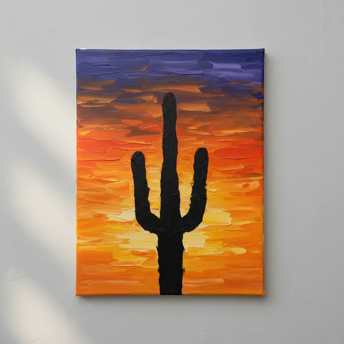 A tall saguaro cactus silhouette in black against a blended sunset sky in acrylics.