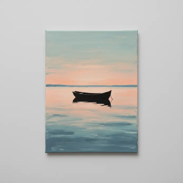 A single rowboat silhouette on a still lake, reflecting in the water under a soft dawn sky.