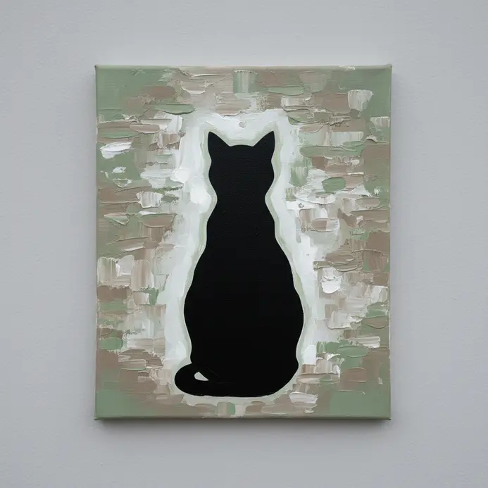 The curved silhouette of a cat perched on a garden wall against a muted background.
