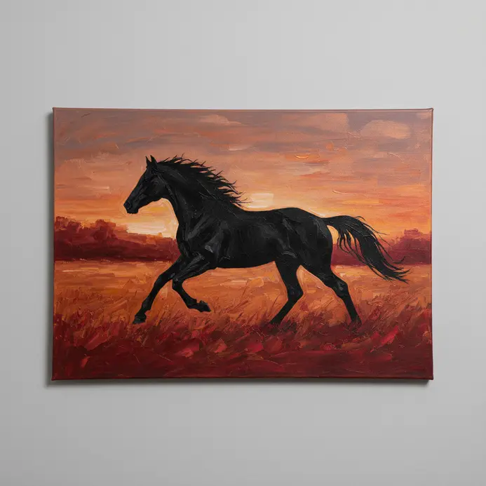 A dynamic horse silhouette in mid-gallop against a wide meadow and a colorful sunset sky.