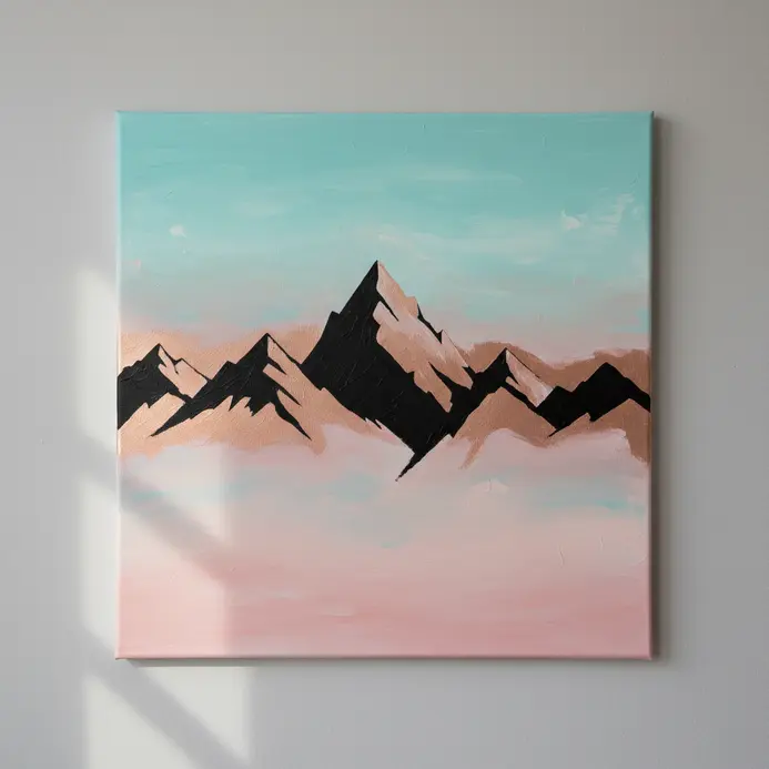 A series of simple, geometric triangle shapes forming a mountain range silhouette against a gradient sky.