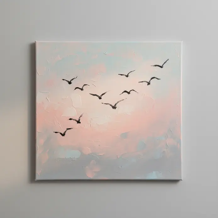 A V-shaped flock of bird silhouettes flying across a soft pink and blue morning sky.