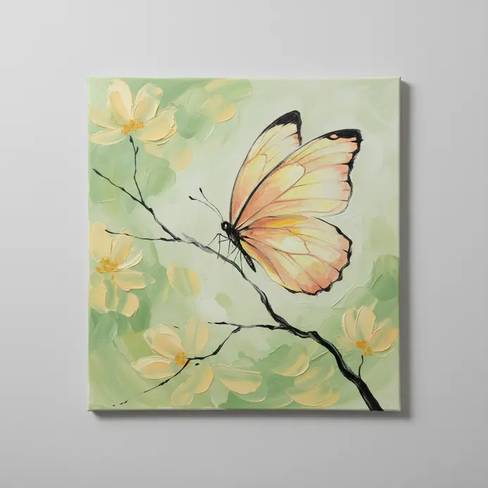 A detailed butterfly silhouette with open wings perched on a thin branch with a few leaves.