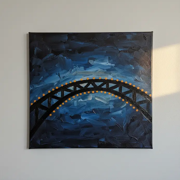 The arched silhouette of a bridge with tiny dots for lights, against a dark blue night sky.