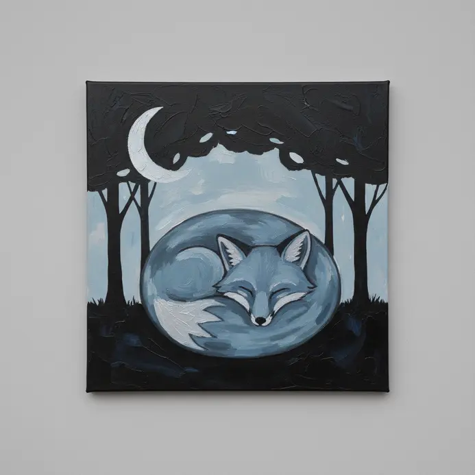 A fox silhouette curled into a ball, sleeping under trees with a crescent moon in the sky.
