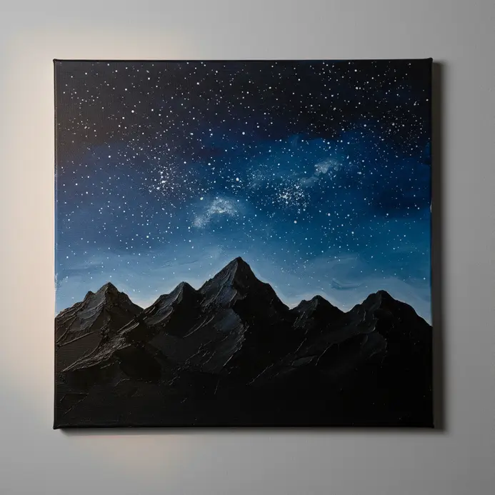 A dark mountain range silhouette under a deep blue night sky dotted with white stars in acrylic paint.