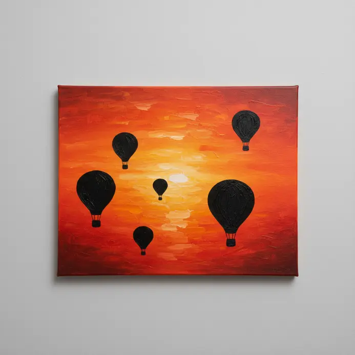 Several round hot air balloon silhouettes drifting against a brilliant orange and red sunset sky.