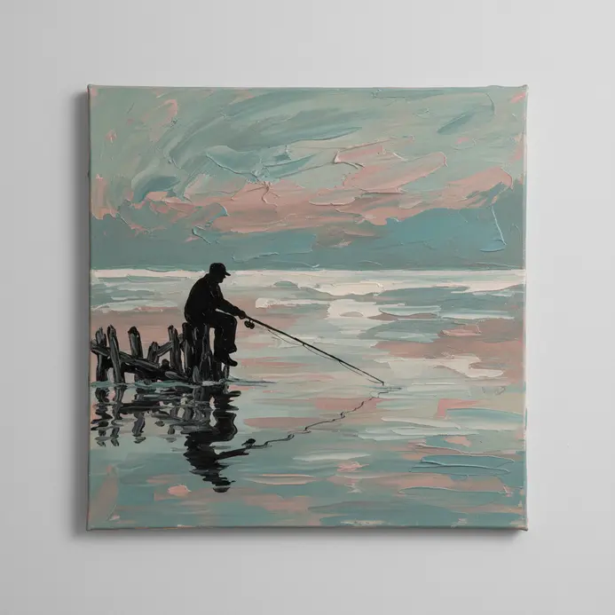 A lone fisherman silhouette sitting on a pier with a fishing rod, against a reflective water sunset.