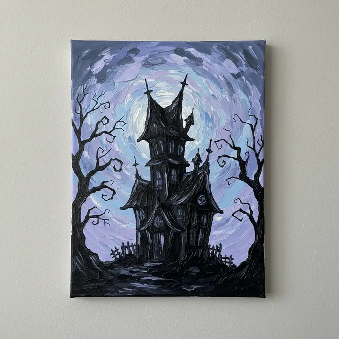 A tall, crooked house silhouette with a bare tree, under a cloudy sky with a full moon.