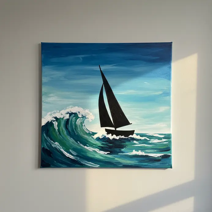 A basic sailboat silhouette with a single sail on rolling ocean wave shapes.