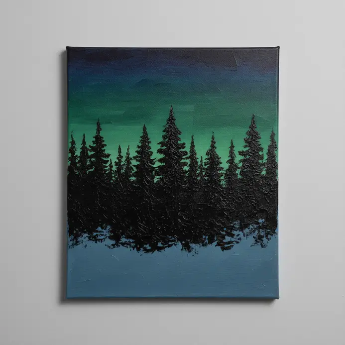 A cluster of pointed pine tree silhouettes in black acrylic against a midnight blue background.