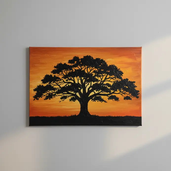 A sprawling oak tree silhouette set against a warm yellow and orange sky in acrylics.