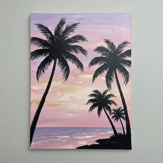 Curving palm tree silhouettes on a sandy beach against a pink and purple dusk sky in acrylic paint.