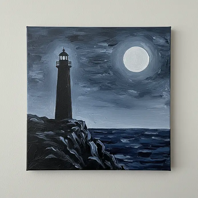 A tall lighthouse and rocky cliff silhouette under a large white moon in a dark blue sky.