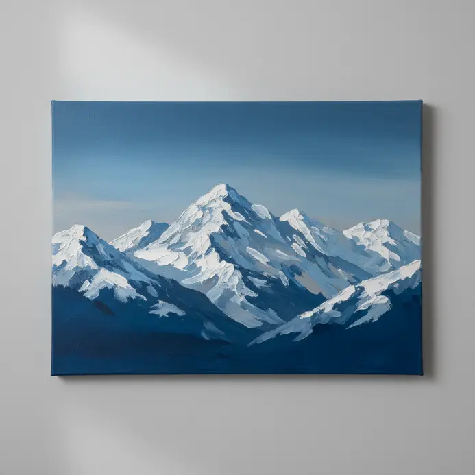 Sharp mountain peaks with white snow caps silhouetted against a cool blue twilight sky in acrylics.