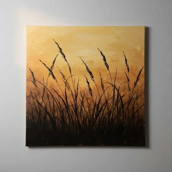 Long blades of grass bent by the wind, painted as a black silhouette against a golden sky.
