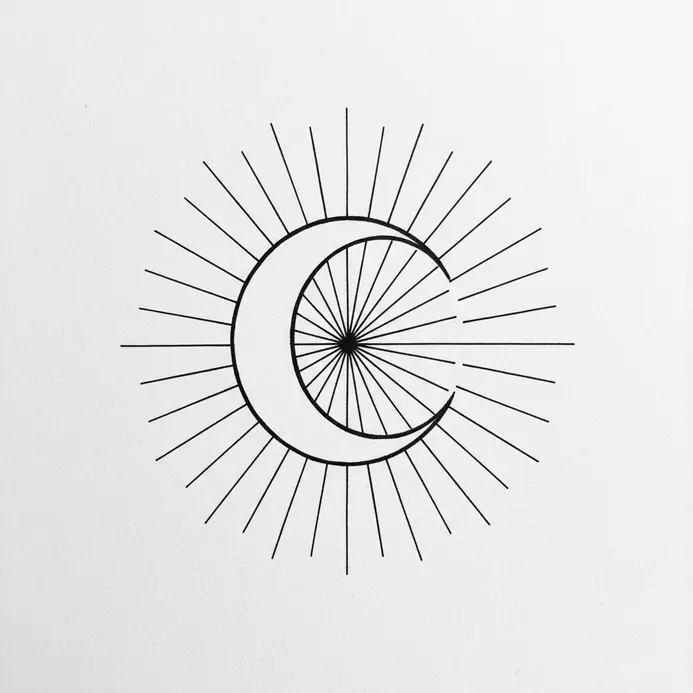 A crescent moon shape surrounded by straight, geometric lines representing light rays.