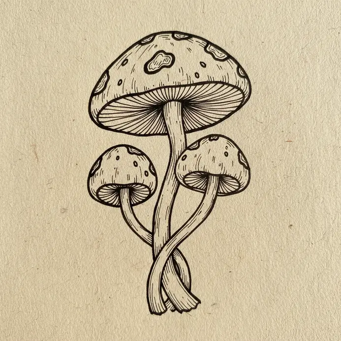 A cluster of mushrooms with rounded caps and slender stems drawn with varied line weights.
