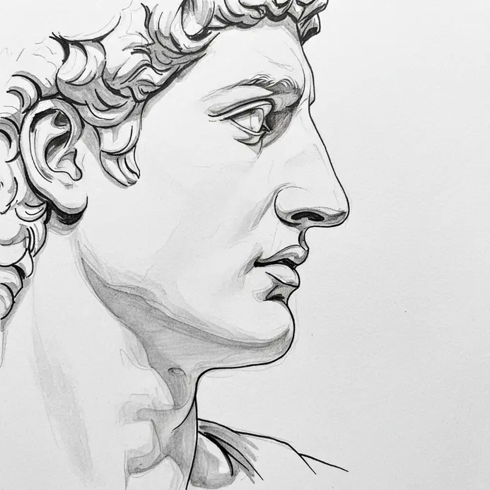 The side profile of a classical statue head, drawn with clean, confident contour lines.