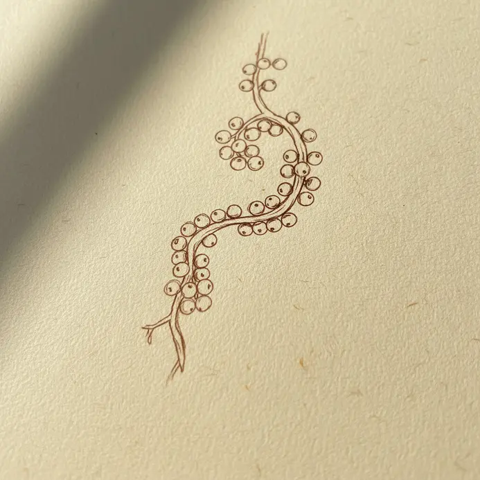 A thin, twisting branch with small, round berries clustered along its length.