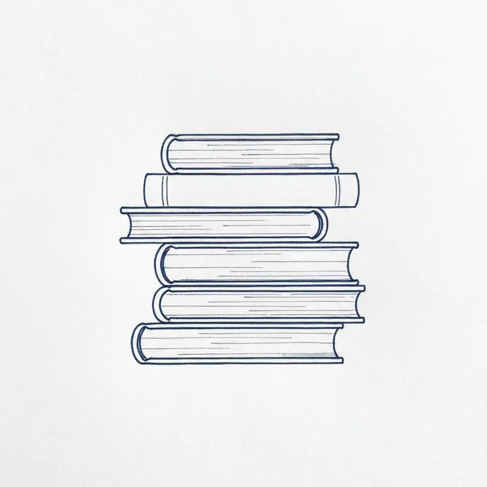 A stack of books drawn with straight horizontal and vertical lines, showing their spines and pages.