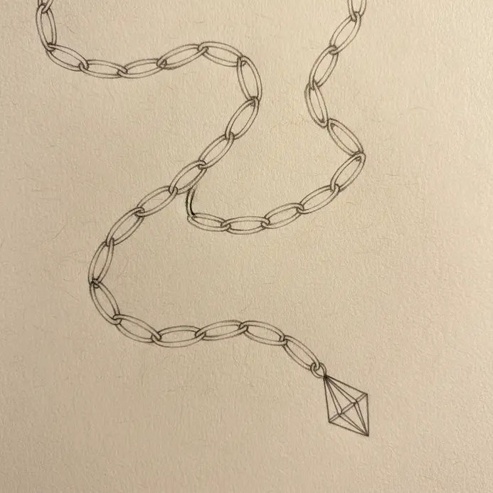A delicate chain necklace with a small pendant, drawn with precise, thin lines.