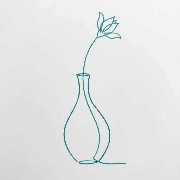 A vase with a curved silhouette holding a single flower with a long stem, drawn in one continuous line.