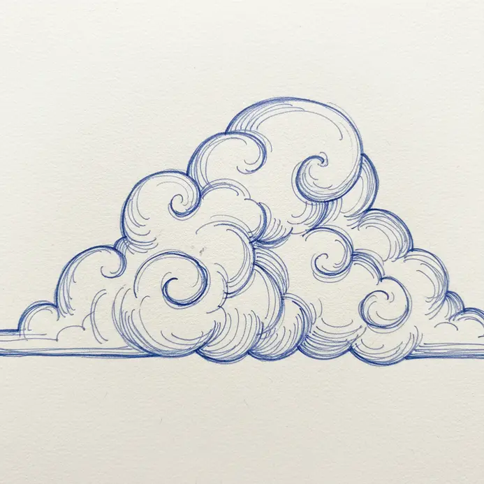 Puffy, cumulus cloud forms drawn with soft, circular and swirling line patterns.