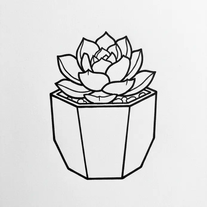 A geometric pot containing a succulent with thick, rounded leaves, drawn with clean outlines.